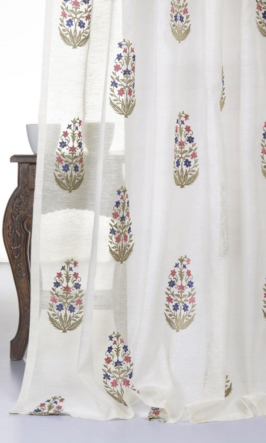 Sheer Floral Paisley Window Curtains (Cream/ Pink/ Blue)