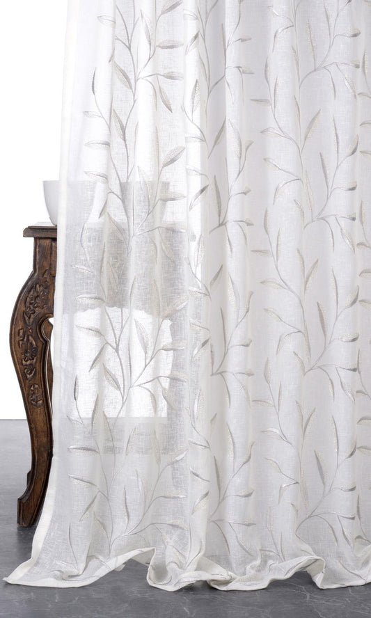Sheer Floral Embroidered Home Decor Fabric Sample (White/ Gray)