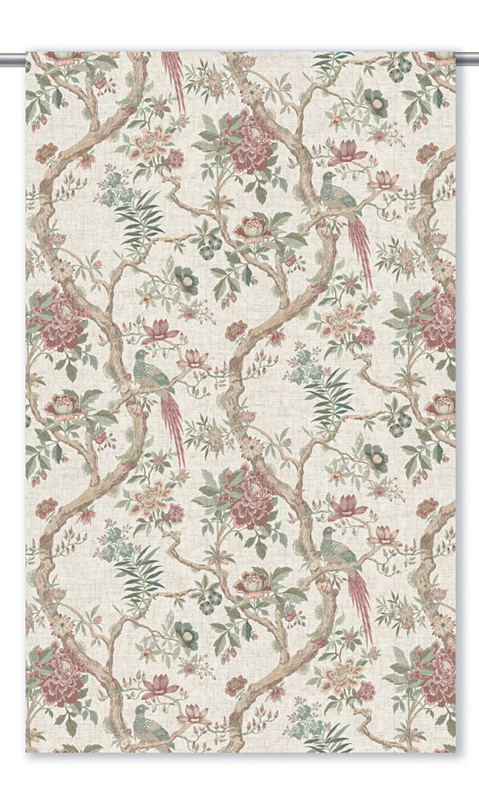 Chinoiserie/ French Floral Window Curtains (Warm White/ Soft Maroon/ Sage Green)