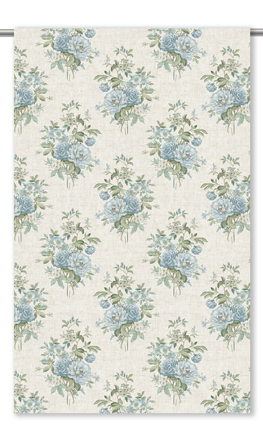 English Country Floral Home Decor Fabric By the Yard (Cream/ Cornflower Blue/ Green)