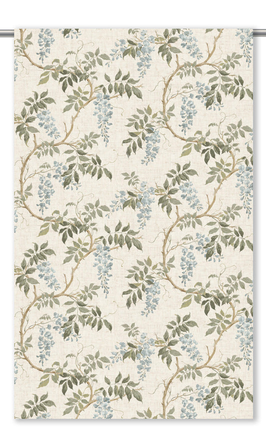 Floral Vine Print Window Curtains (Olive Green/ Cornflower Blue)