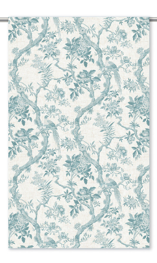 Toile/ Chinoiserie Floral Window Curtains (White/ Pastel Teal Blue)