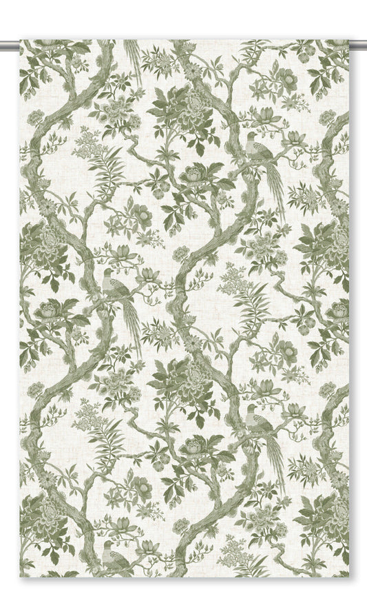 Toile/ Chinoiserie Floral Home Decor Fabric Sample (Warm White/ Green)