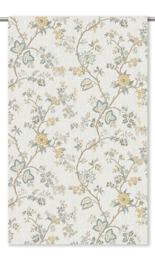 Chinoiserie Floral Home Decor Fabric By the Yard (Cream/ Yellow/ Steel Blue)