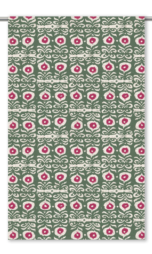Floral Print Window Curtains (Bottle Green/ Magenta Pink)