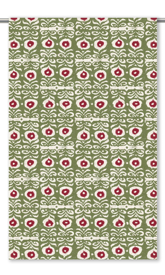 Floral Print Curtain Panels (Moss Green/ Garnet Red)