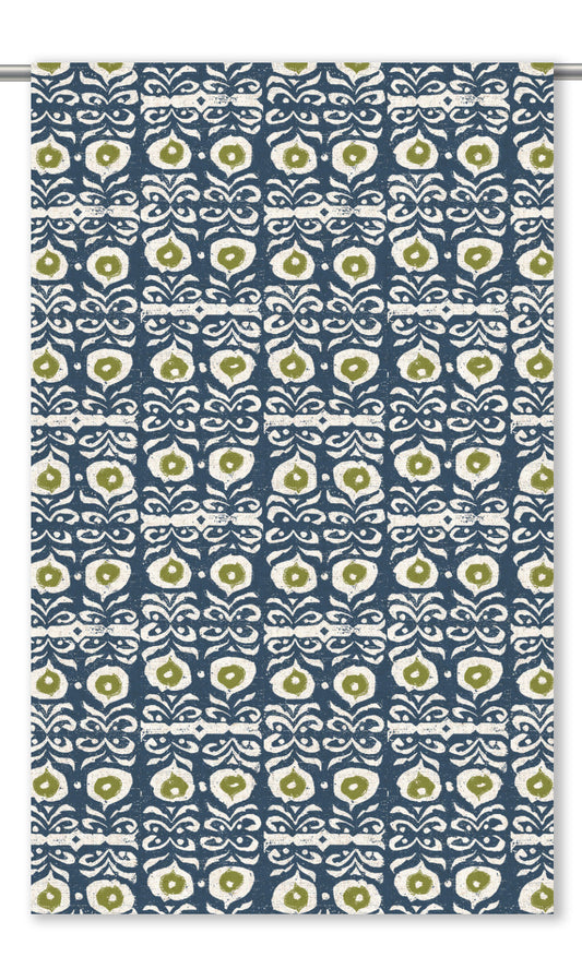Floral Print Window Curtains (Navy Blue/ Leaf Green)
