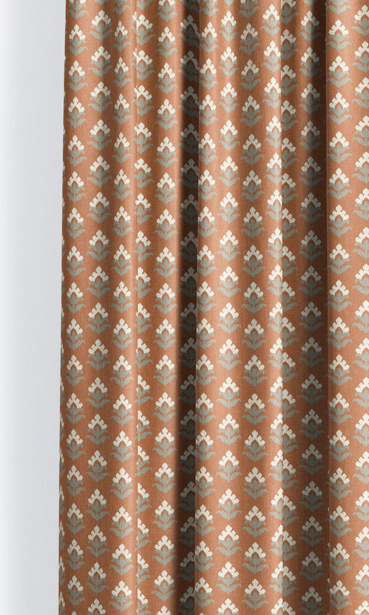 Floral Block Print Window Curtains (Rust Red/ Burnt Orange/ Gray)