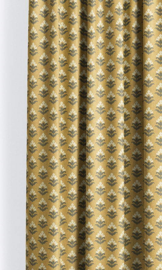 Floral Block Print Window Curtains (Mustard Yellow/ Gray)