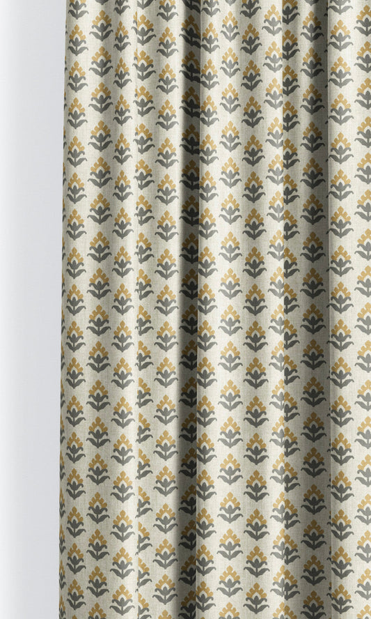 Floral Block Print Home Decor Fabric By the Yard (Cream/ Mustard Yellow/ Gray)