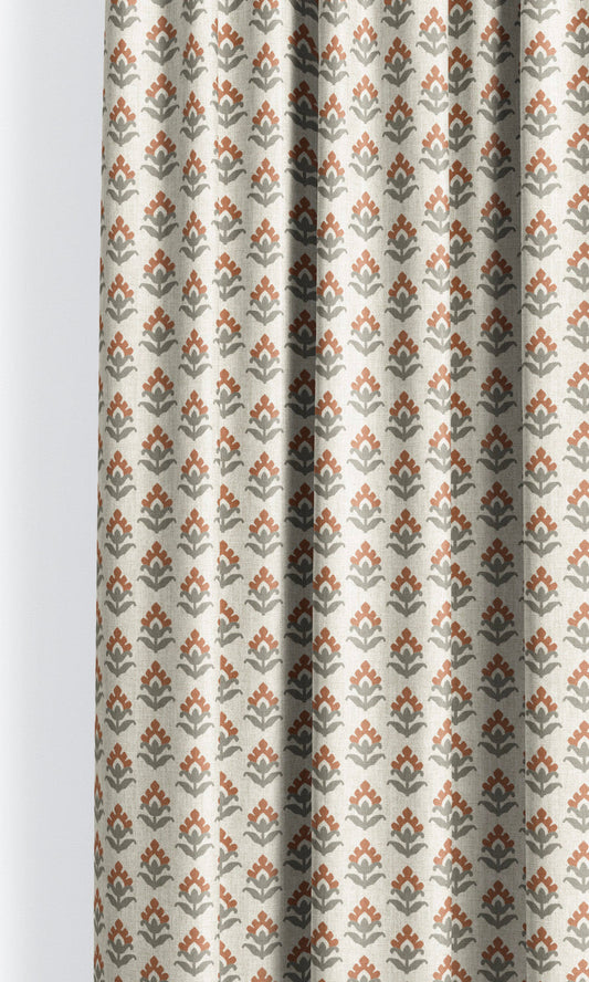 Floral Block Print Drapes (Cream/ Rust Red/ Gray)