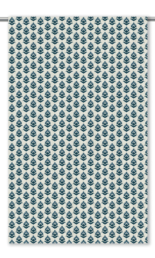 Floral Block Print Home Decor Fabric By the Yard (Cream/ Prussian Blue/ Navy)