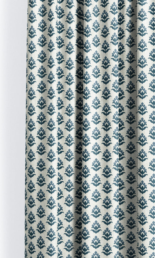 Floral Block Print Home Decor Fabric By the Yard (Cream/ Prussian Blue/ Navy)