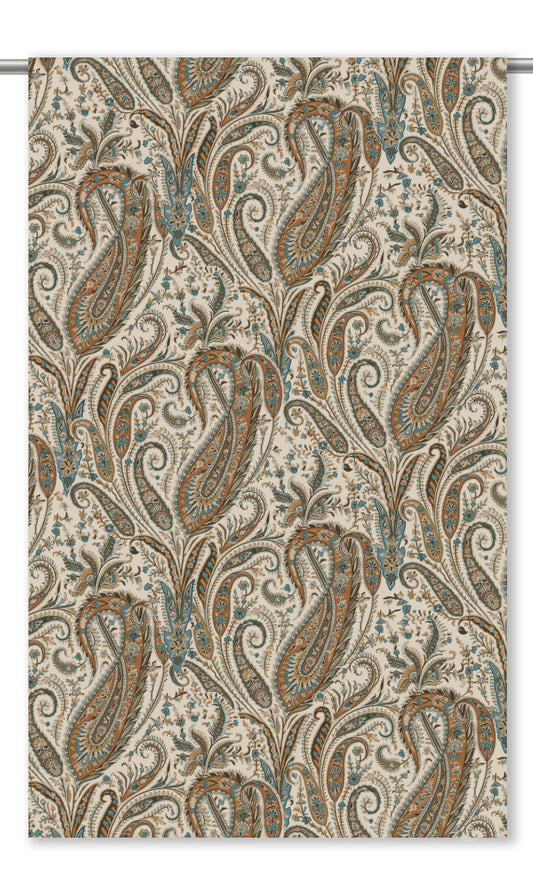 Paisley Floral Velvet Window Curtains (Caramel Brown/ Slate Blue/ Cream)