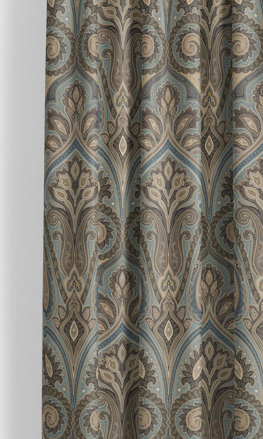 Paisley Damask Velvet Window Curtains (Mocha Brown/ Steel Blue/ Beige)