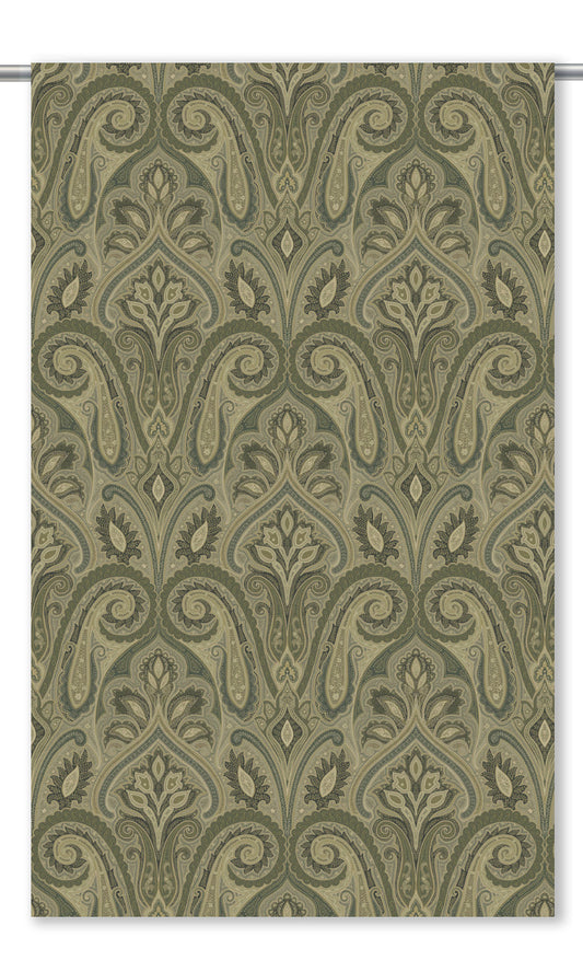 Paisley Damask Velvet Drapery (Dark Olive Green/ Dusty Yellow)