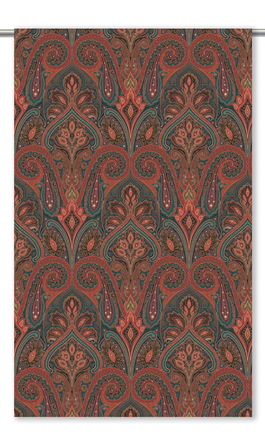 Paisley Damask Velvet Window Curtains (Brick Red/ Teal Green)