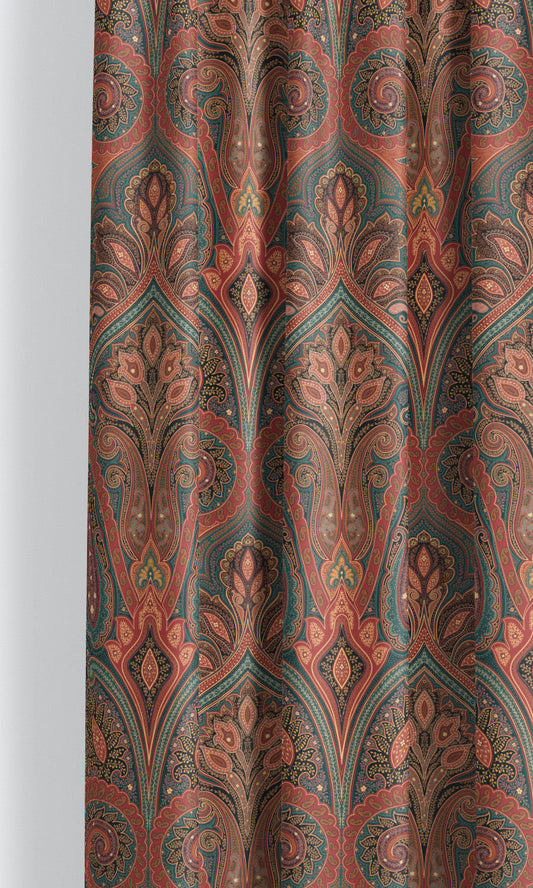 Paisley Damask Velvet Drapes (Brick Red/ Teal Blue)