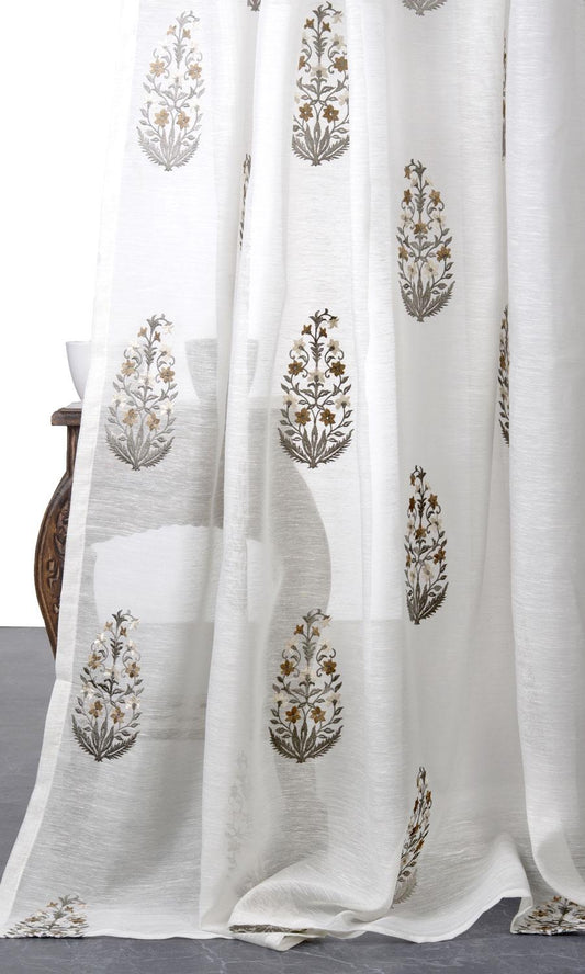 Floral Sheer Window Curtains (White/ Grey/ Brown)