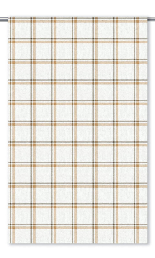 Tattersall Check Home Decor Fabric Sample (White/ Pastel Orange/ Olive Brown)