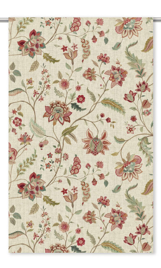 English Jacobean Floral Curtain Panels (Pale Beige/ Soft Red/ Pink)