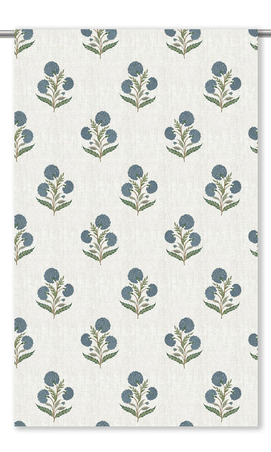 Poppy Motif Floral Window Curtains (Warm White/ Navy Blue)