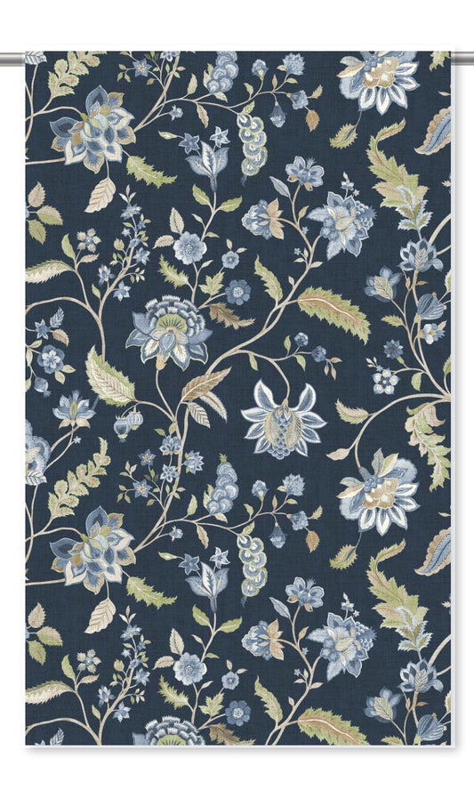 English Jacobean Floral Drapery (Navy Blue/ Green)