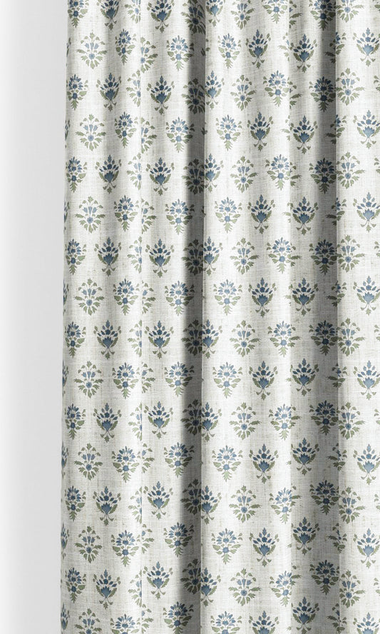 Block Print Floral Curtain Panels (Off-White/ Navy Blue/ Green)
