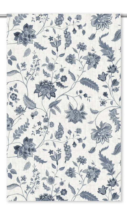 English Jacobean Floral Drapes (Warm White/ Charcoal Blue)
