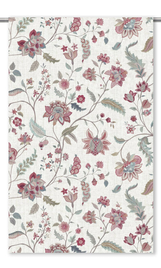 English Jacobean Floral Curtain Panels (Cream/ Red/ Rose Pink)