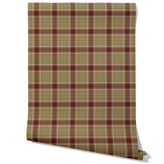 Geometric Plaid Checkered Traditional Wallpaper Sample (Olive Green/ Brown/ Red)