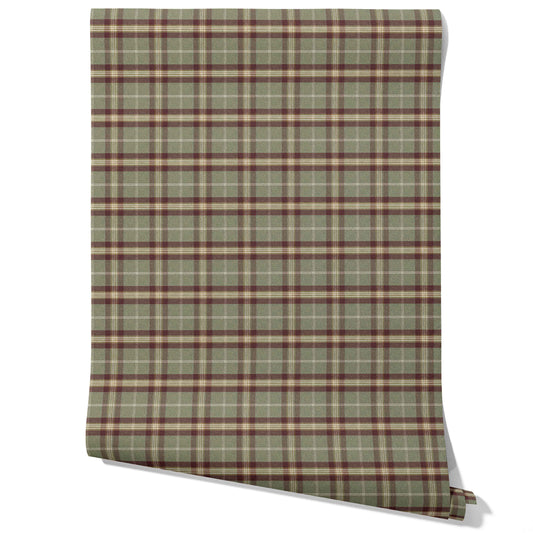 Geometric Plaid Checkered Traditional Wallpaper Sample (Olive Green/ Red/ Beige)
