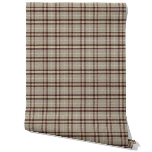Geometric Plaid Checkered Traditional Wallpaper Sample (Brown/ Maroon/ Beige)