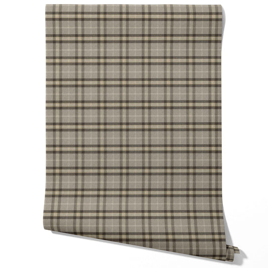 Geometric Plaid Checkered Traditional Wallpaper Sample (Gray/ Cedar Brown)