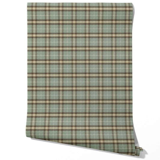 Geometric Plaid Checkered Traditional Wallpaper Sample (Green/ Brown/ Beige)