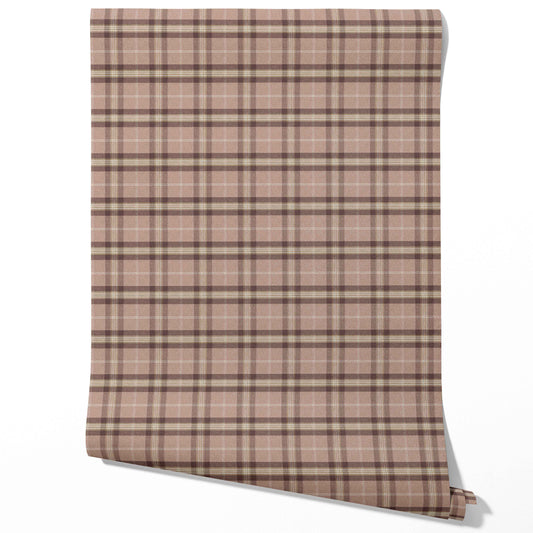 Geometric Plaid Checkered Traditional Wallpaper Sample (Blush Rose Pink/ Brown/ Beige)
