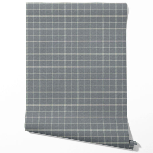Neutral Geometric Plaid Checkered Traditional Wallpaper Sample (Slate Blue)