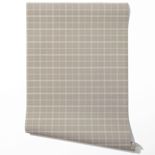 Neutral Geometric Plaid Checkered Traditional Wallpaper Sample (Beige/ Warm Gray/ Greige/ Taupe)