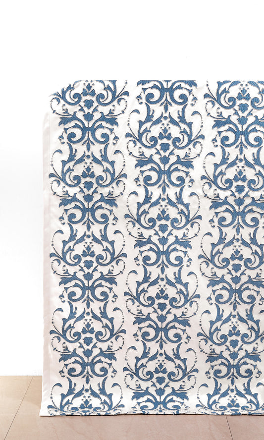 Damask Window Curtains (White/ Blue)