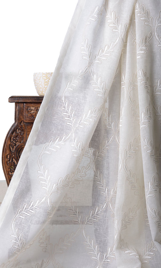 Sheer Floral Embroidery Window Curtains (White/ Cream)