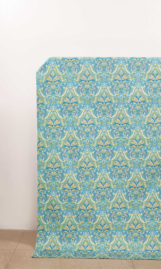 Fleur De Lis Print Curtain Panels (Green/ Blue)