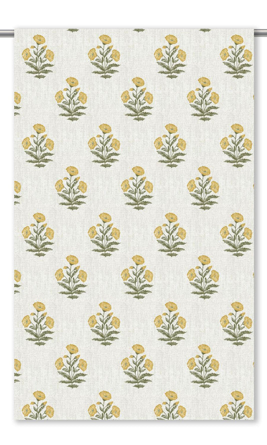Floral Poppy Print Home Decor Fabric By the Yard (White/ Corn Yellow)