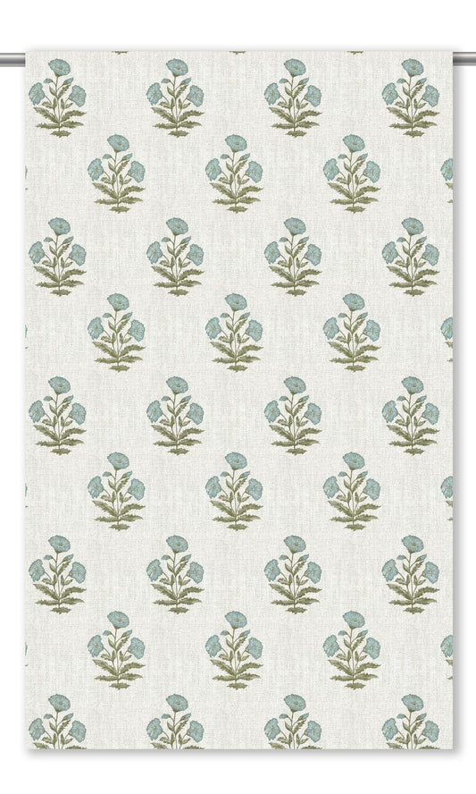 Floral Poppy Print Home Decor Fabric By the Yard (White/ Powder Blue)