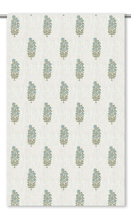 Floral Motif Print Window Curtains (White/ Powder Blue)