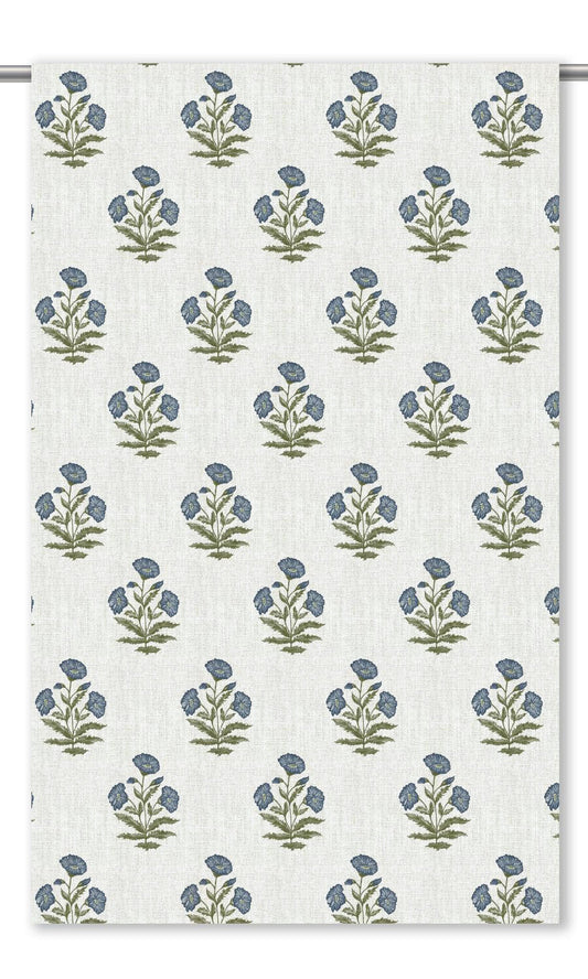 Floral Poppy Print Home Decor Fabric By the Yard (White/ Navy Blue)