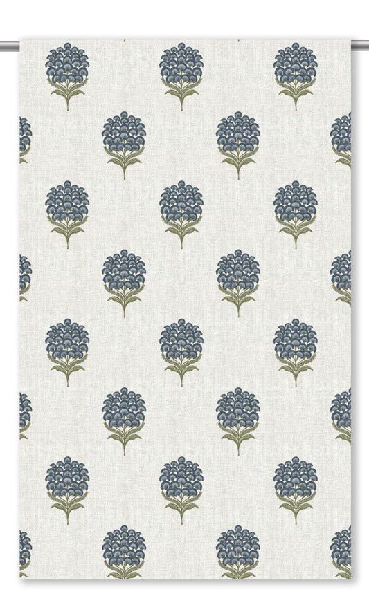 Floral Motif Print Window Curtains (White/ Navy Blue)