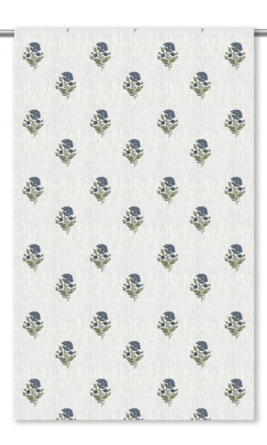 Floral Block Print Home Decor Fabric By the Yard (White/ Navy Blue)