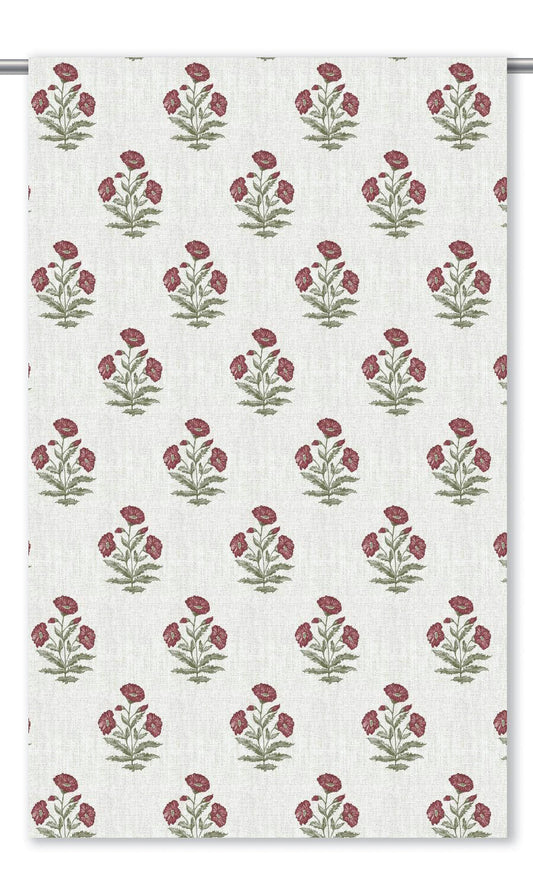 Floral Poppy Print Home Decor Fabric By the Yard (White/ Burgundy Red)