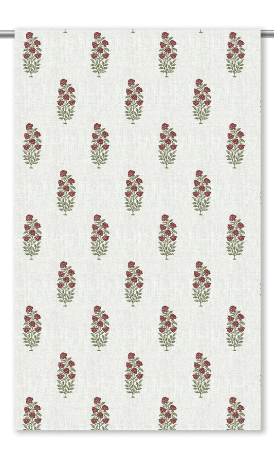 Floral Motif Print Window Curtains (White/ Burgundy Red)