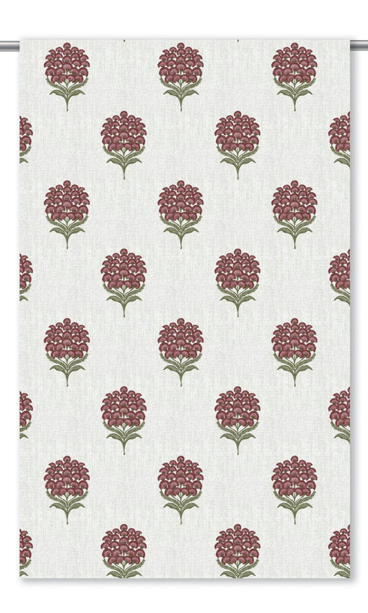 Floral Motif Print Window Curtains (White/ Burgundy Red)